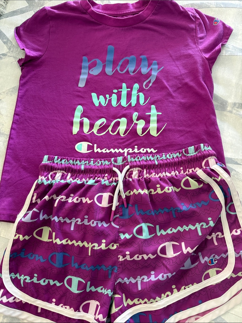 Champion Girls Purple 'Play With Heart' Pajama Set with Logo Shorts